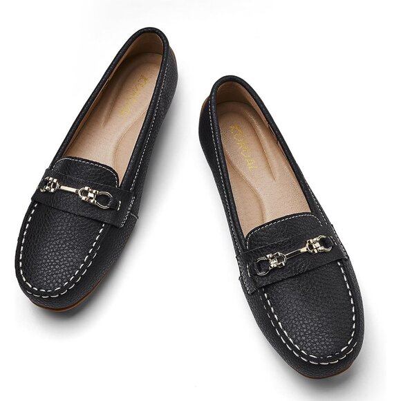 Kordal Women's Black Leather Gold Accent Buckle Slip-Ons Walking Flats Loafers - Picture 9 of 9